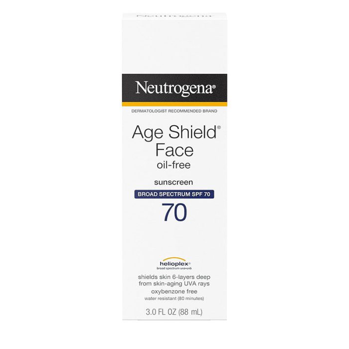 Neutrogena Age Shield sunscreen SPF 70 oil-free broad-spectrum Helioplex UVA/UVB protection anti-aging sunscreen